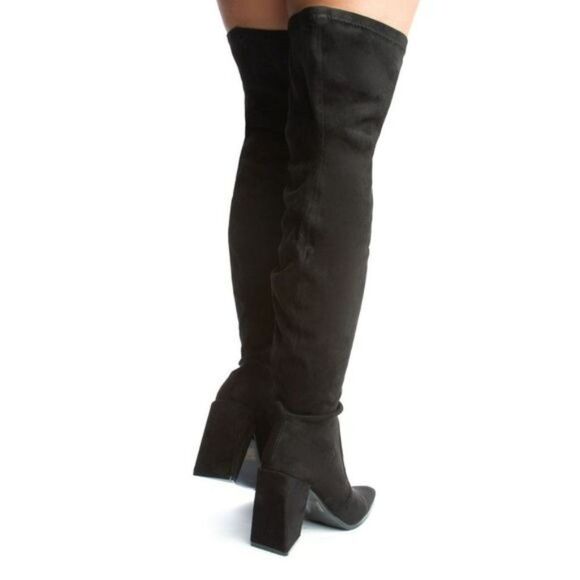 Women's Black Over The Knee pointed Chunky Block Heel Boots - Picture 3 of 6